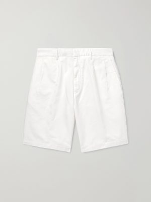Straight-Leg Pleated Cotton and Linen-Blend Twill Shorts