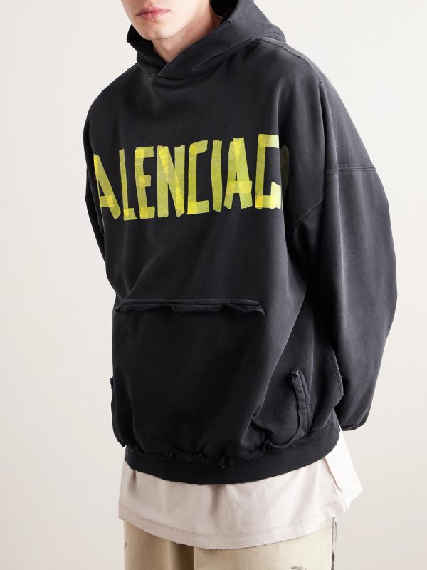 Tape Type Oversized Distressed Logo-Print Cotton-Jersey Hoodie - FR Tape Type Oversized Distressed Logo-Print Cotton-Jersey Hoodie - FR