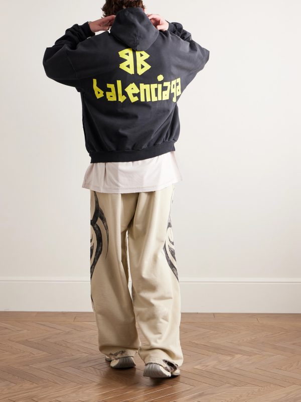 Tape Type Oversized Distressed Logo-Print Cotton-Jersey Hoodie - OU Tape Type Oversized Distressed Logo-Print Cotton-Jersey Hoodie - OU