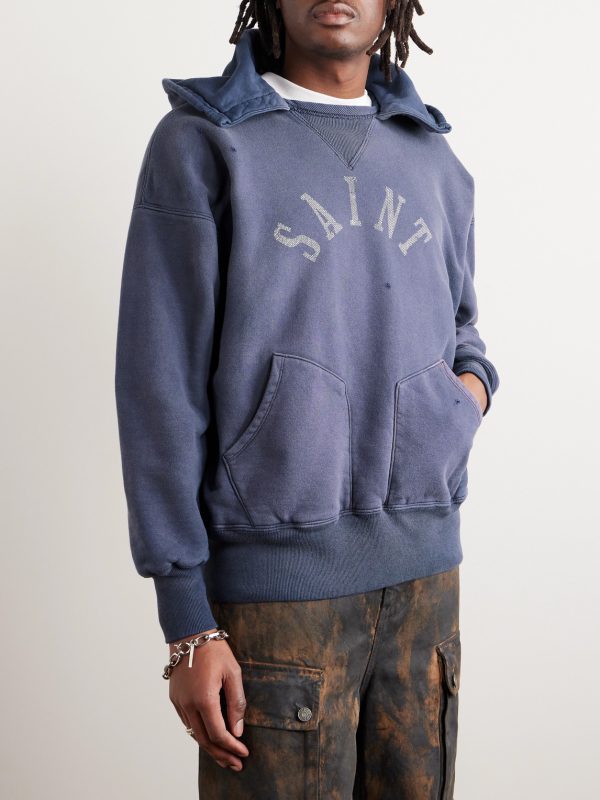 Logo-Print Distressed Cotton-Jersey Hoodie - FR Logo-Print Distressed Cotton-Jersey Hoodie - FR