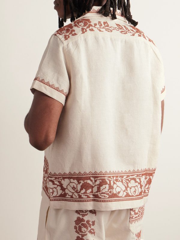 Rose Garland Camp-Collar Cross-Stitched Linen Shirt - BK Rose Garland Camp-Collar Cross-Stitched Linen Shirt - BK