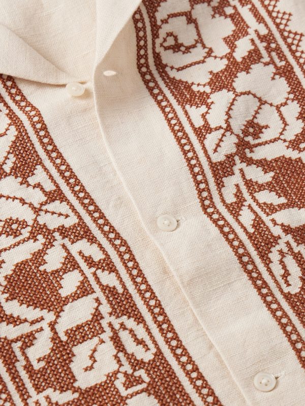 Rose Garland Camp-Collar Cross-Stitched Linen Shirt - CU Rose Garland Camp-Collar Cross-Stitched Linen Shirt - CU