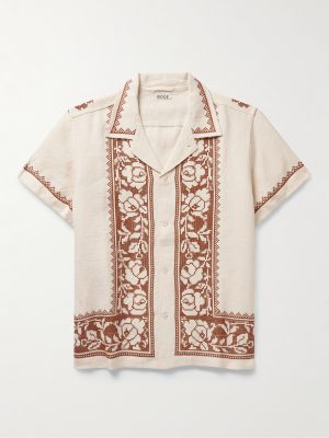 Rose Garland Camp-Collar Cross-Stitched Linen Shirt Rose Garland Camp-Collar Cross-Stitched Linen Shirt