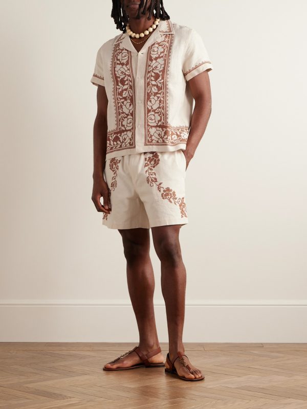 Rose Garland Camp-Collar Cross-Stitched Linen Shirt - OU Rose Garland Camp-Collar Cross-Stitched Linen Shirt - OU
