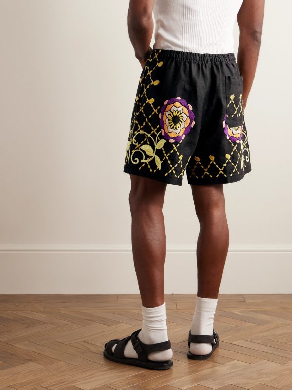 Wide-Leg Embroidered Linen Shorts - BK Wide-Leg Embroidered Linen Shorts - BK
