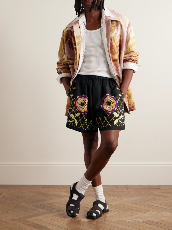 Wide-Leg Embroidered Linen Shorts - OU Wide-Leg Embroidered Linen Shorts - OU