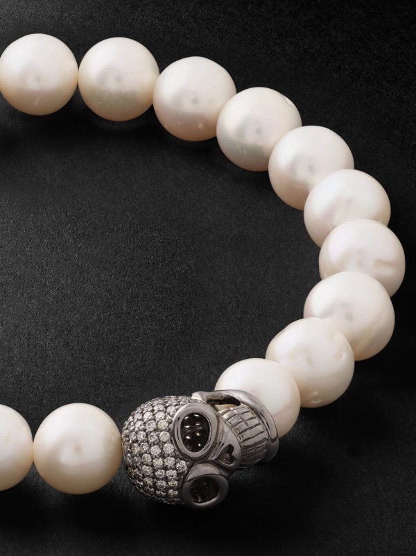 Skull Rhodium-Plated, Diamond and Pearl Beaded Bracelet - CU Skull Rhodium-Plated, Diamond and Pearl Beaded Bracelet - CU