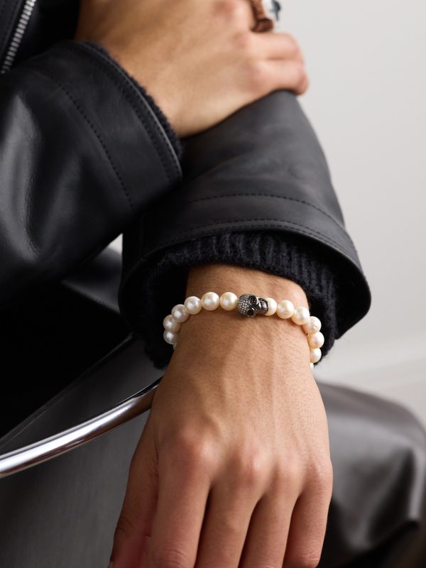 Skull Rhodium-Plated, Diamond and Pearl Beaded Bracelet - FR Skull Rhodium-Plated, Diamond and Pearl Beaded Bracelet - FR