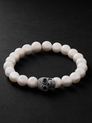 Skull Rhodium-Plated, Diamond and Pearl Beaded Bracelet Skull Rhodium-Plated, Diamond and Pearl Beaded Bracelet