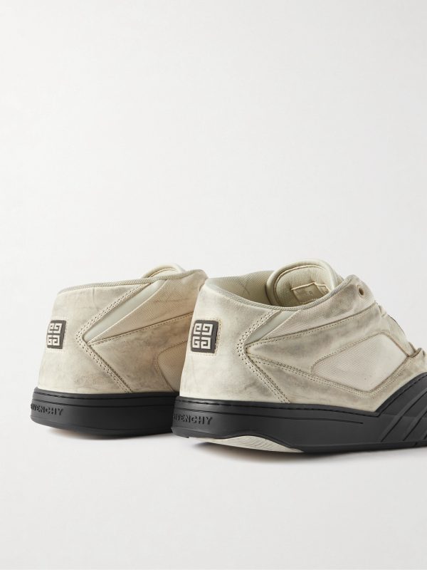 Distressed Rubber-Trimmed Leather and Mesh Sneakers - BK Distressed Rubber-Trimmed Leather and Mesh Sneakers - BK