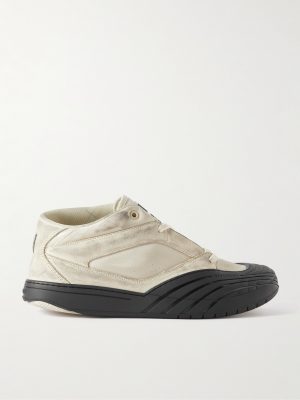 Distressed Rubber-Trimmed Leather and Mesh Sneakers