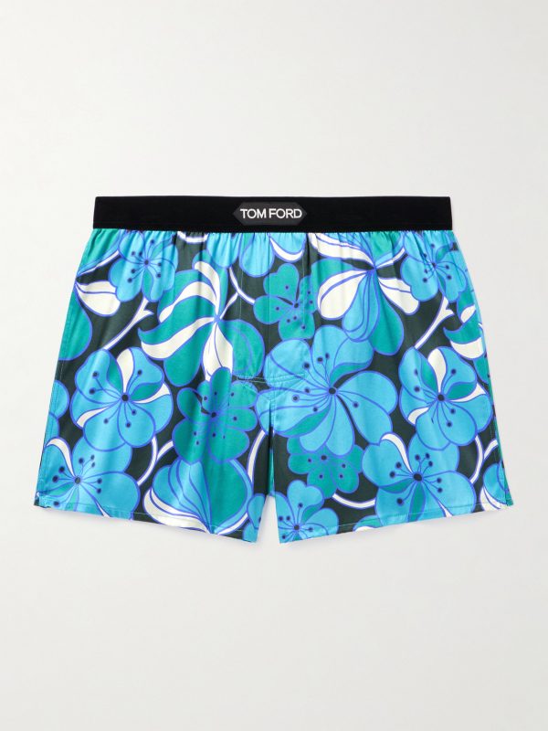 Floral-Print Velvet-Trimmed Stretch-Silk Satin Boxer Shorts Floral-Print Velvet-Trimmed Stretch-Silk Satin Boxer Shorts
