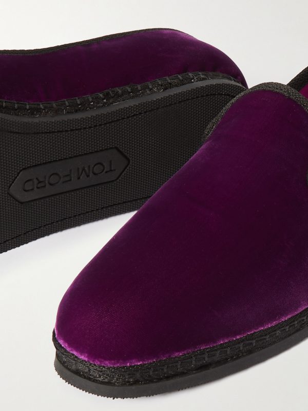 Neal Grosgrain and Leather-Trimmed Velvet Slippers - CU Neal Grosgrain and Leather-Trimmed Velvet Slippers - CU