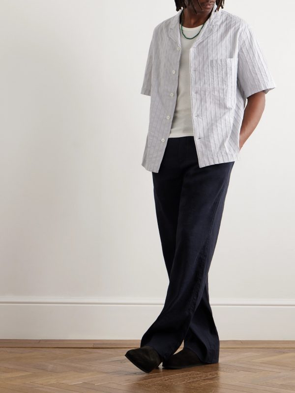 Bagolo Camp-Collar Striped Crinkled Cotton-Poplin Shirt - OU Bagolo Camp-Collar Striped Crinkled Cotton-Poplin Shirt - OU