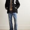 Teddy Logo-Appliquéd Leather-Trimmed Wool-Blend Bomber Jacket - OU Teddy Logo-Appliquéd Leather-Trimmed Wool-Blend Bomber Jacket - OU