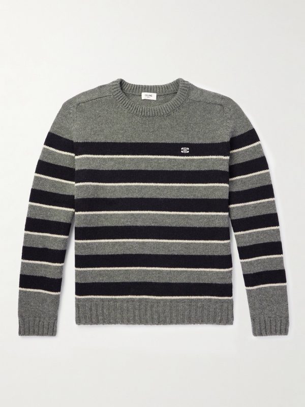 Logo-Embroidered Striped Knitted Wool Sweater