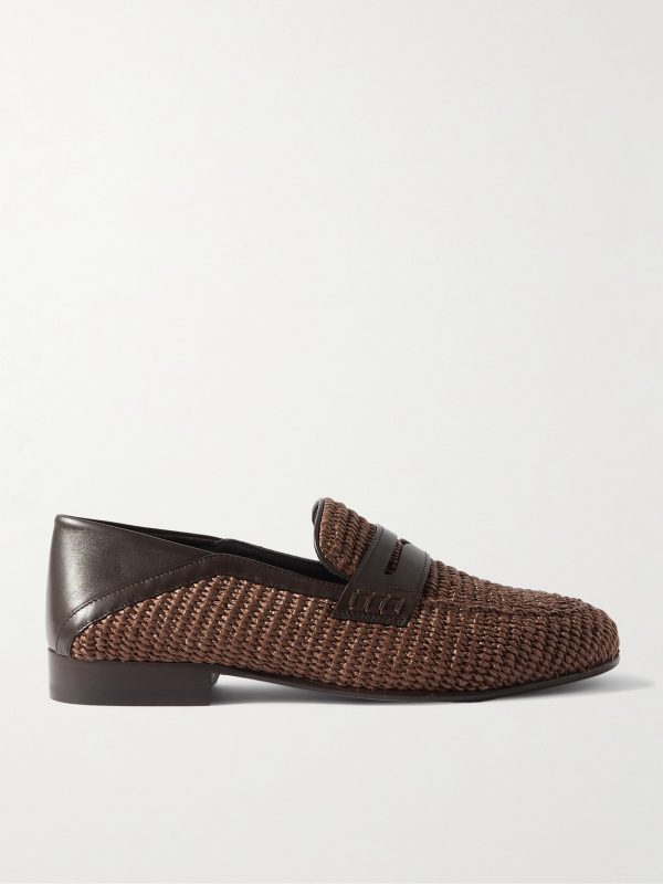 Padstow Leather-Trimmed Raffia Loafers