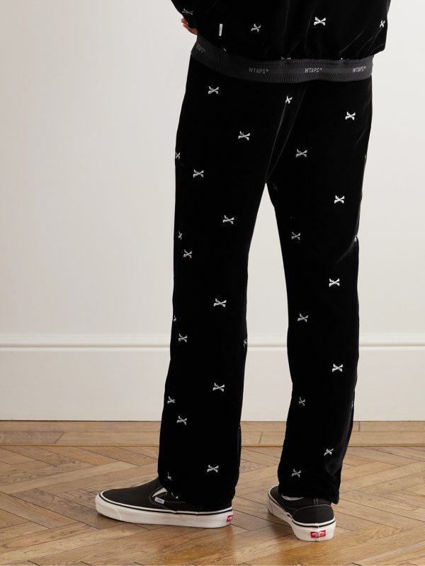 Straight-Leg Embroidered Velour Trousers - BK Straight-Leg Embroidered Velour Trousers - BK