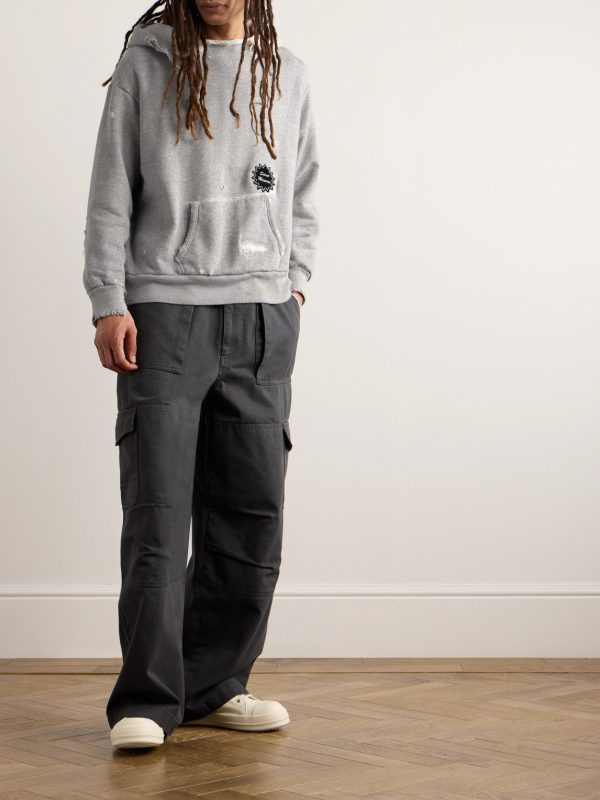 Logo-Appliquèd Distressed Cotton-Jersey Hoodie - OU Logo-Appliquèd Distressed Cotton-Jersey Hoodie - OU