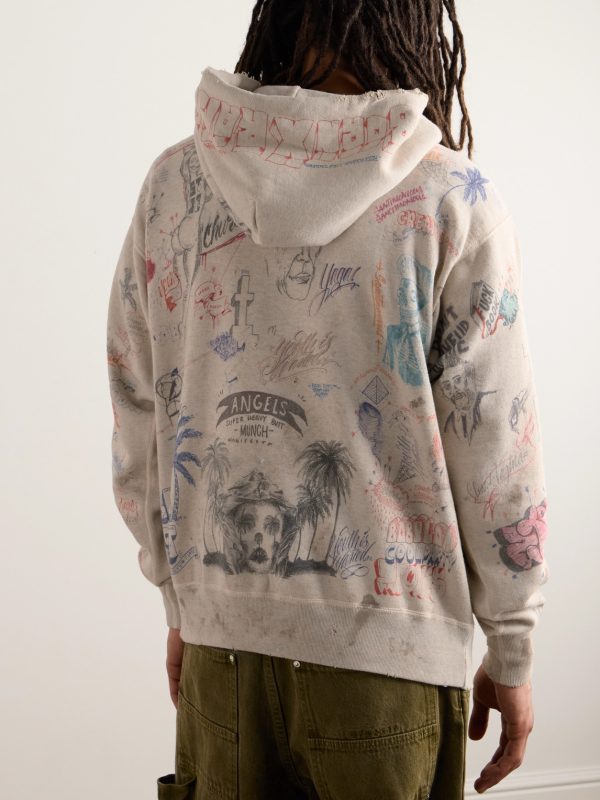+ Born X Raised Distressed Crystal-Embellished Printed Cotton-Jersey Hoodie - BK