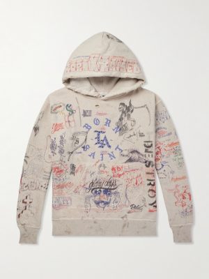 + Born X Raised Distressed Crystal-Embellished Printed Cotton-Jersey Hoodie + Born X Raised Distressed Crystal-Embellished Printed Cotton-Jersey Hoodie