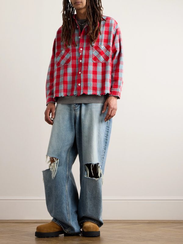 Distressed Checked Cotton-Flannel Shirt - OU Distressed Checked Cotton-Flannel Shirt - OU