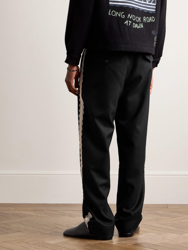 Straight-Leg Lace-Trimmed Wool Trousers - BK Straight-Leg Lace-Trimmed Wool Trousers - BK