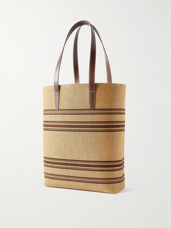 Striped Logo-Embroidered Leather-Trimmed Raffia Tote - BK Striped Logo-Embroidered Leather-Trimmed Raffia Tote - BK