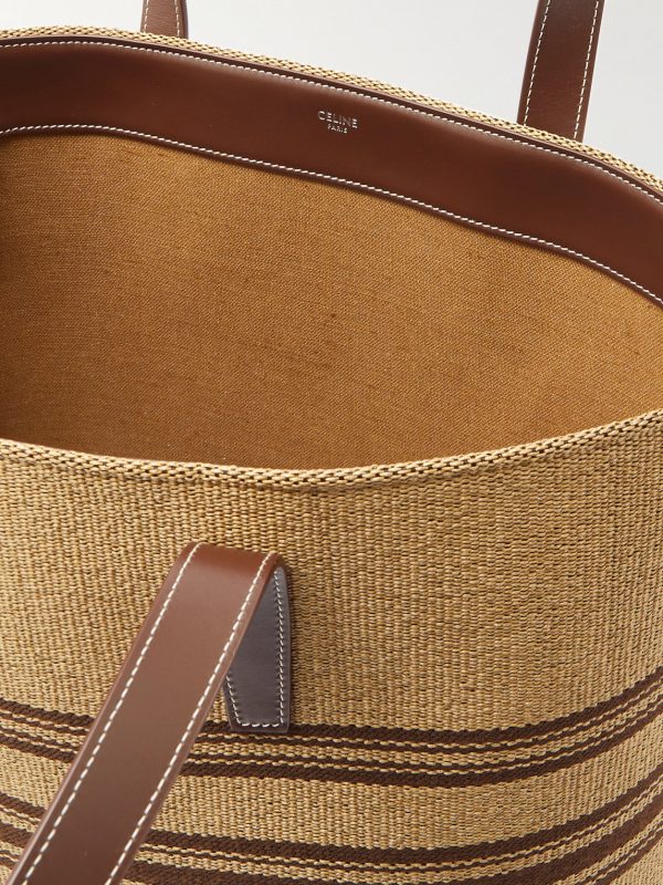 Striped Logo-Embroidered Leather-Trimmed Raffia Tote - E1 Striped Logo-Embroidered Leather-Trimmed Raffia Tote - E1