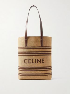 Striped Logo-Embroidered Leather-Trimmed Raffia Tote