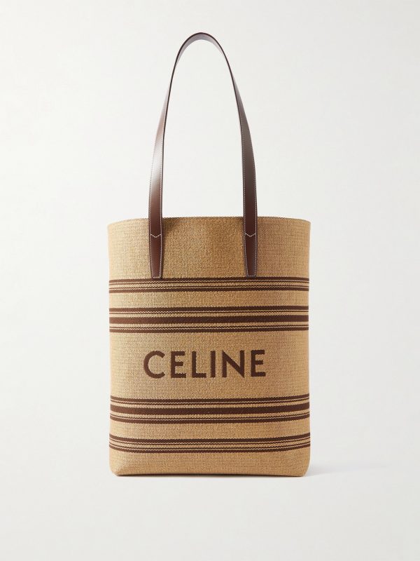 Striped Logo-Embroidered Leather-Trimmed Raffia Tote Striped Logo-Embroidered Leather-Trimmed Raffia Tote