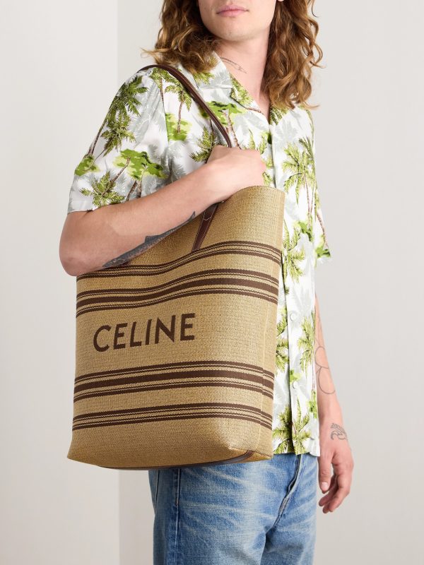Striped Logo-Embroidered Leather-Trimmed Raffia Tote - OU Striped Logo-Embroidered Leather-Trimmed Raffia Tote - OU