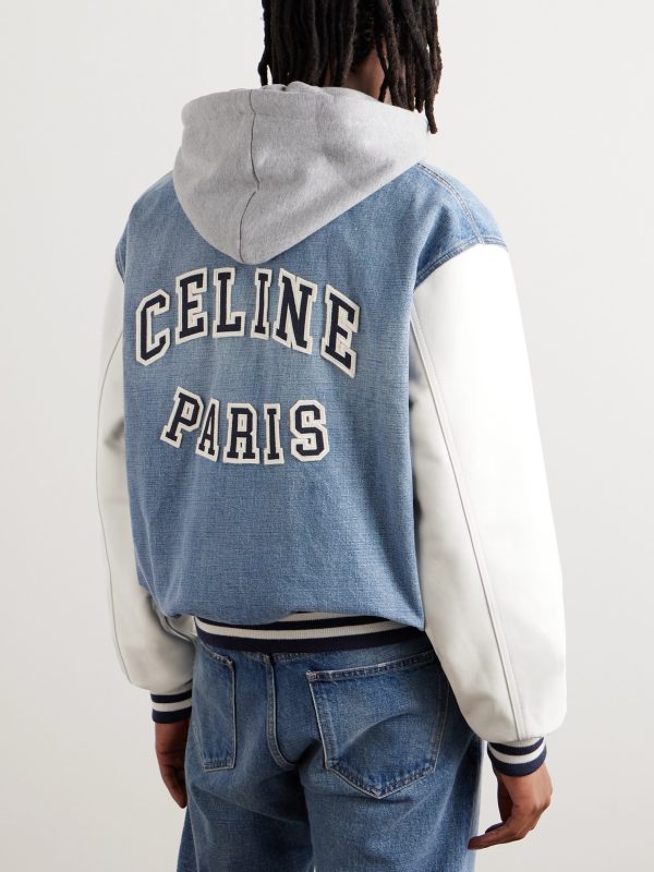 Teddy Logo-Appliquéd Denim, Leather and Jersey Hooded Varsity Jacket - BK Teddy Logo-Appliquéd Denim, Leather and Jersey Hooded Varsity Jacket - BK