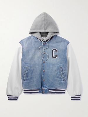 Teddy Logo-Appliquéd Denim, Leather and Jersey Hooded Varsity Jacket