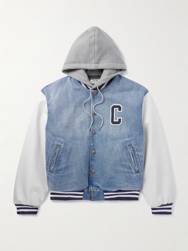 Teddy Logo-Appliquéd Denim, Leather and Jersey Hooded Varsity Jacket Teddy Logo-Appliquéd Denim, Leather and Jersey Hooded Varsity Jacket