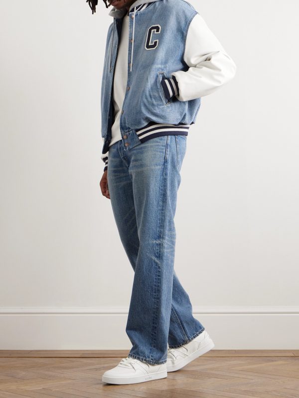 Teddy Logo-Appliquéd Denim, Leather and Jersey Hooded Varsity Jacket - OU Teddy Logo-Appliquéd Denim, Leather and Jersey Hooded Varsity Jacket - OU