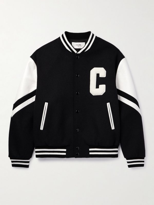 Logo-Appliquéd Virgin Wool-Blend and Leather Varsity Jacket