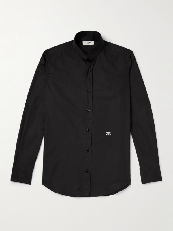 Slim-Fit Mandarin-Collar Logo-Embroidered Cotton-Poplin Shirt Slim-Fit Mandarin-Collar Logo-Embroidered Cotton-Poplin Shirt