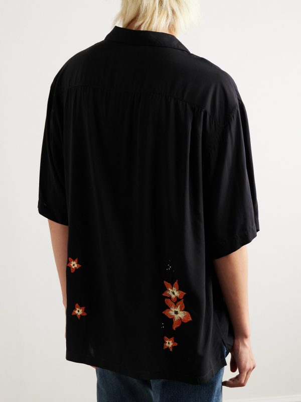 Camp-Collar Crystal-Embellished Embroidered Satin Shirt - BK Camp-Collar Crystal-Embellished Embroidered Satin Shirt - BK