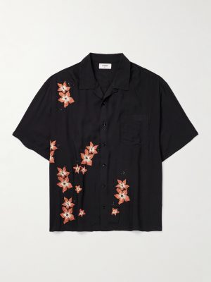 Camp-Collar Crystal-Embellished Embroidered Satin Shirt Camp-Collar Crystal-Embellished Embroidered Satin Shirt
