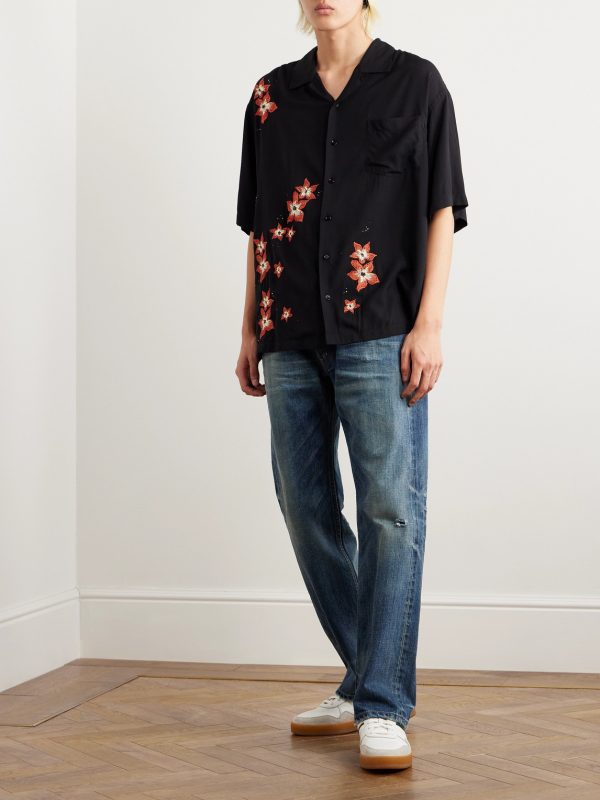 Camp-Collar Crystal-Embellished Embroidered Satin Shirt - OU Camp-Collar Crystal-Embellished Embroidered Satin Shirt - OU