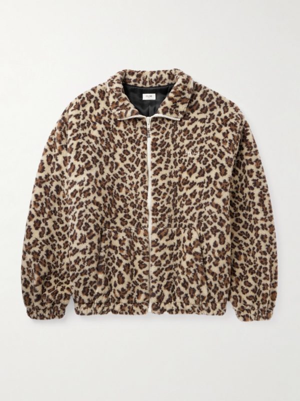 Oversized Logo-Embroidered Leopard-Print Wool-Blend Fleece Jacket