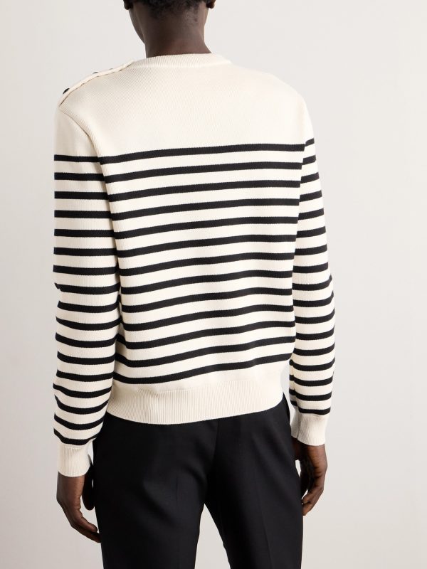 Logo-Flocked Striped Button-Embellished Cotton Sweater - BK Logo-Flocked Striped Button-Embellished Cotton Sweater - BK