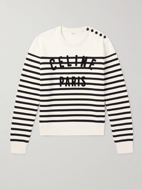 Logo-Flocked Striped Button-Embellished Cotton Sweater Logo-Flocked Striped Button-Embellished Cotton Sweater
