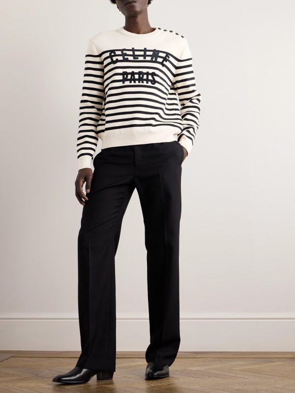 Logo-Flocked Striped Button-Embellished Cotton Sweater - OU Logo-Flocked Striped Button-Embellished Cotton Sweater - OU