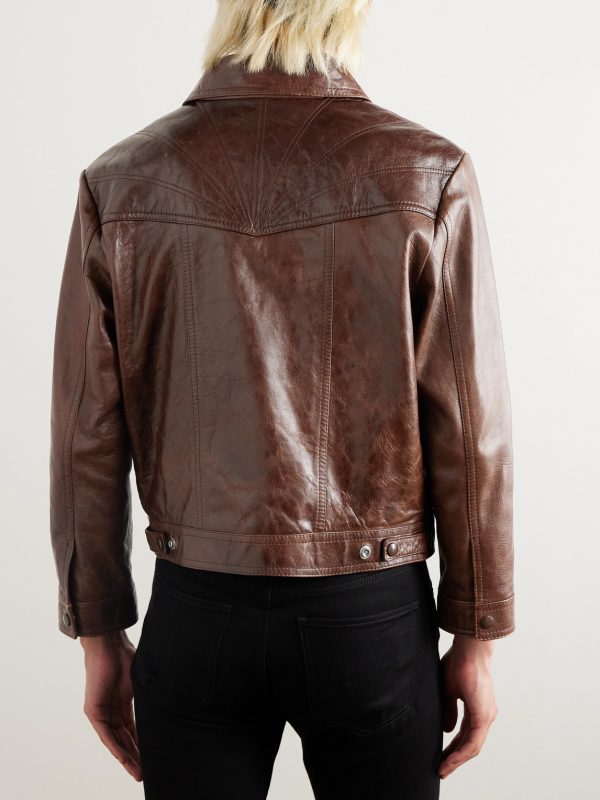 Slim-Fit Textured-Leather Trucker Jacket - BK
