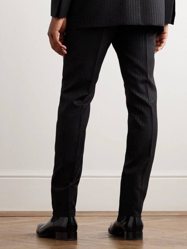 Slim-Fit Straight-Leg Striped Metallic Woven Tuxedo Trousers - BK