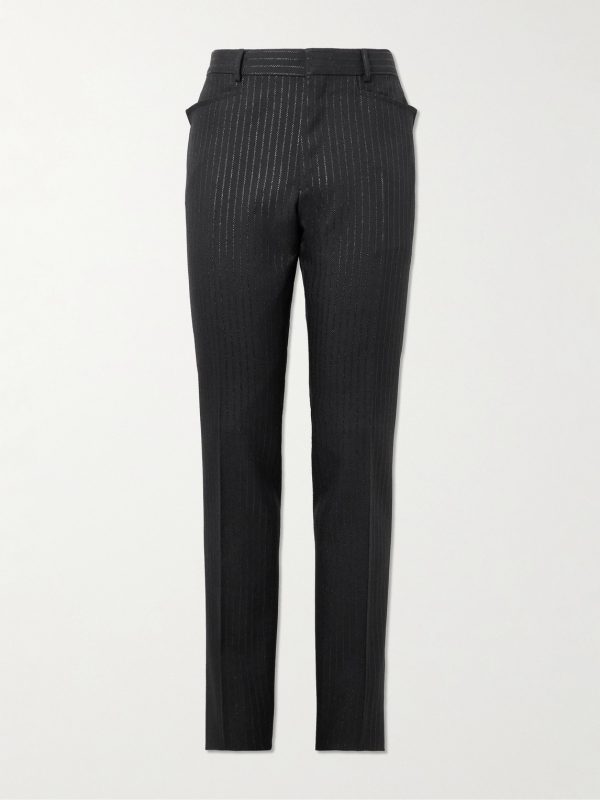 Slim-Fit Straight-Leg Striped Metallic Woven Tuxedo Trousers