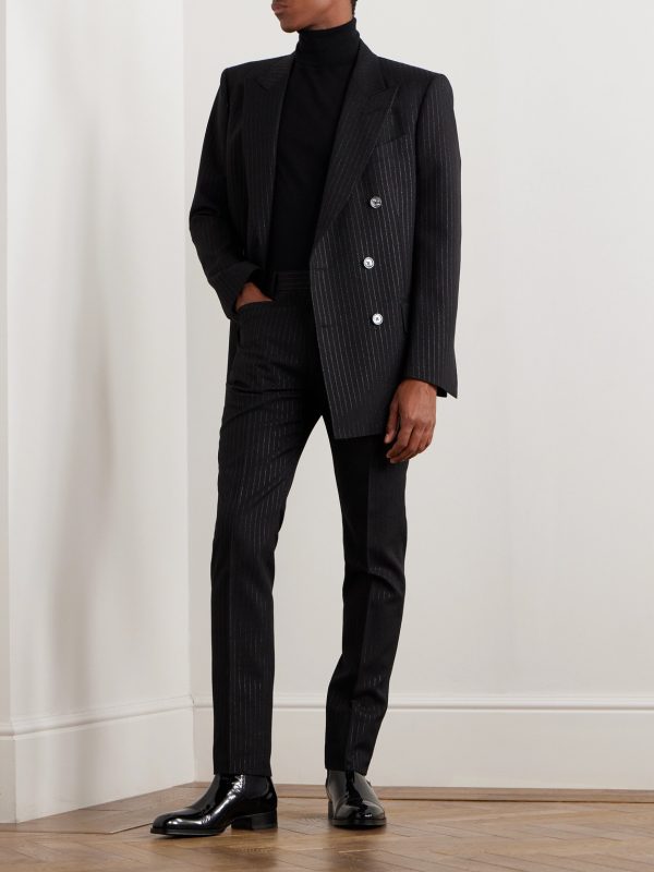 Slim-Fit Straight-Leg Striped Metallic Woven Tuxedo Trousers - OU