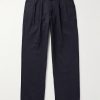 Straight-Leg Pleated Herringbone Cotton Trousers
